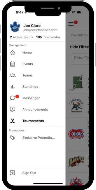 App Menu showing Tournaments